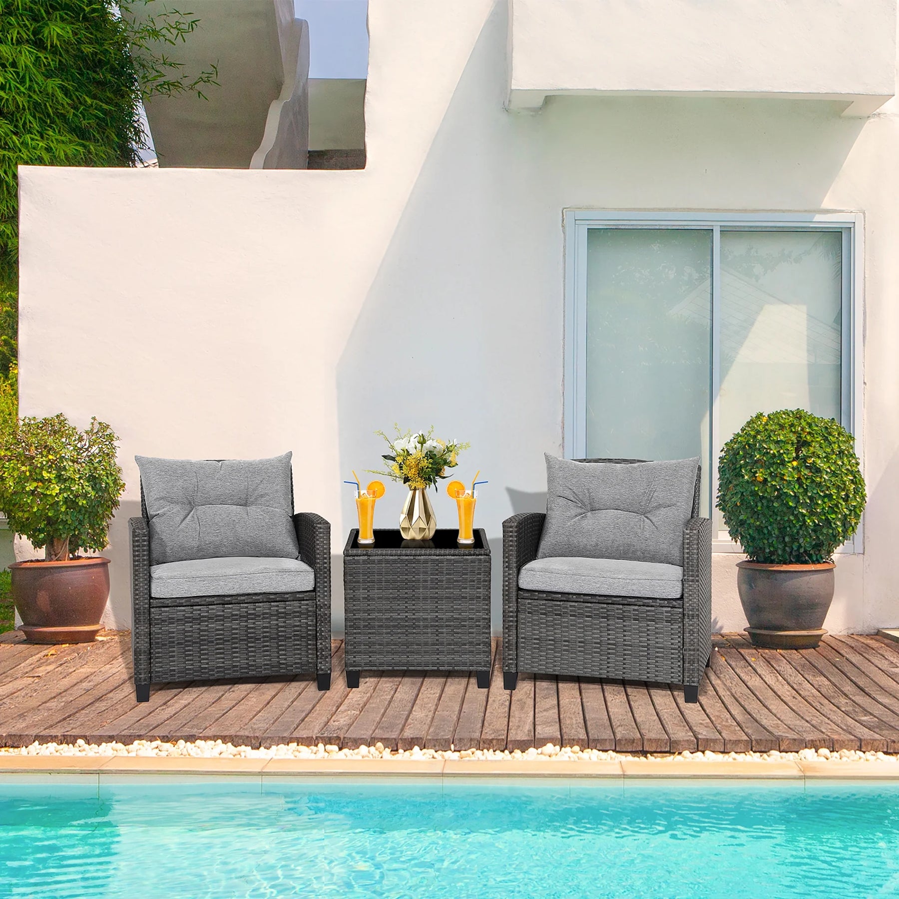 Gymax 3PCS Patio Rattan Sofa Set Outdoor Wicker Conversation Set Glass Tabletop W/ Grey Cushion - Product image 4