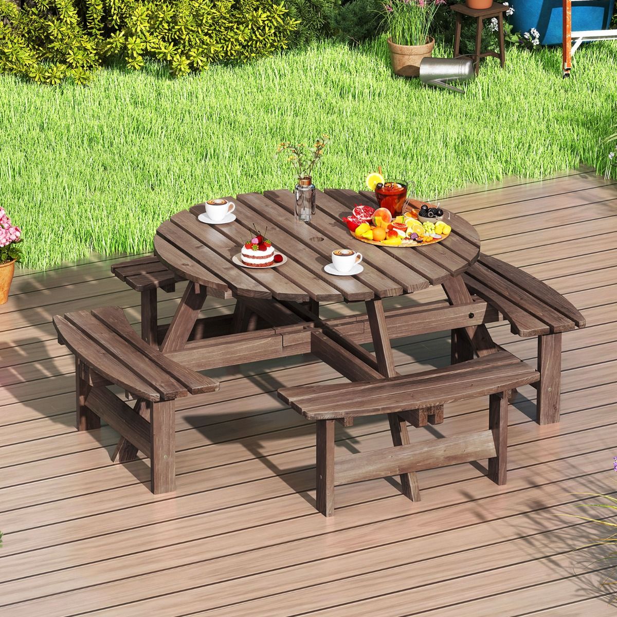 Wooden Picnic Table Set for 2 to 8 People Circular Table and Bench Set with 4 Integrated Benches 5cm Parasol Hole Brown/Yellow -
