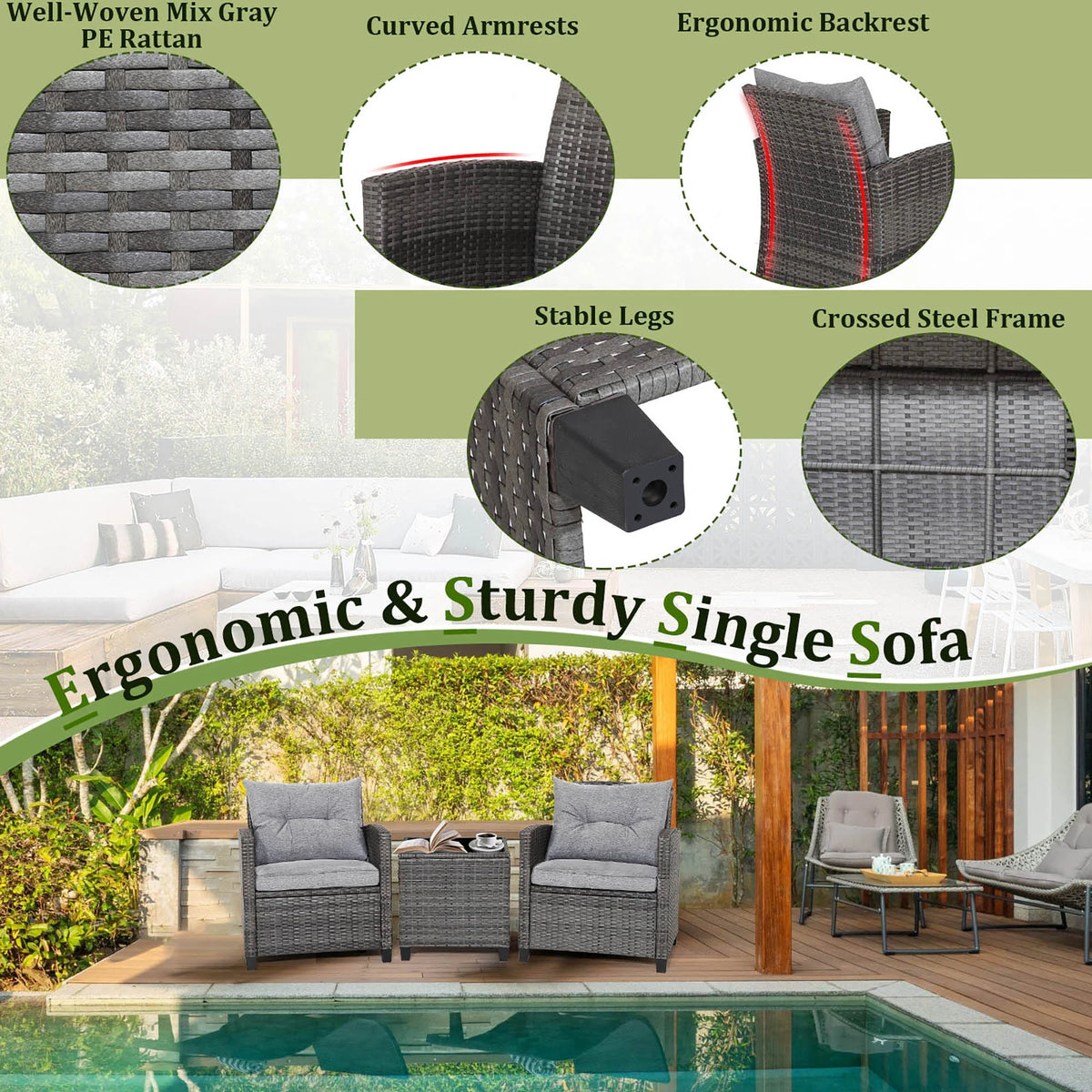 Gymax 3PCS Patio Rattan Sofa Set Outdoor Wicker Conversation Set Glass Tabletop W/ Grey Cushion - Product image 6
