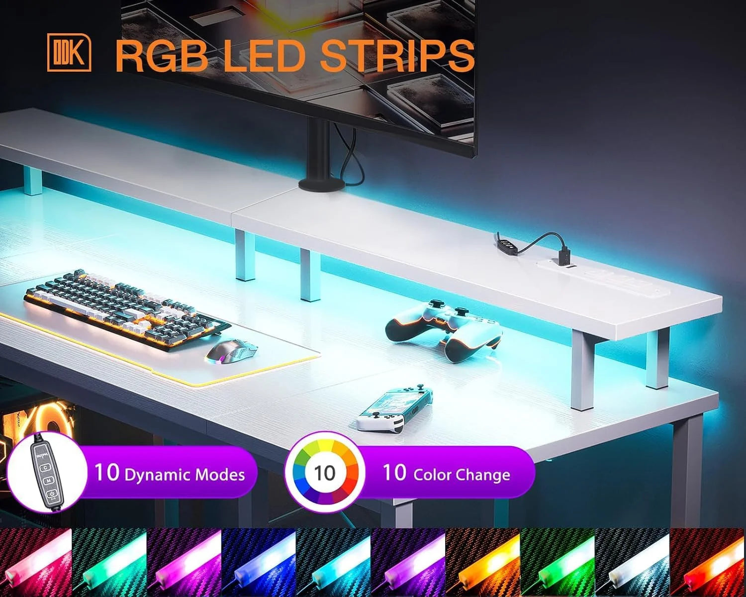 ODK 48 in Gaming Desk with LED Lights & Power Outlets, Computer Desk with Monitor Stand & Storage Shelves - Product image 4