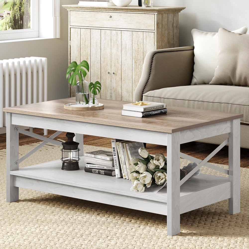 Moasis Farmhouse Coffee Table with Storage 2 - Tier Center Table for Living Room Grey Wash Top+White