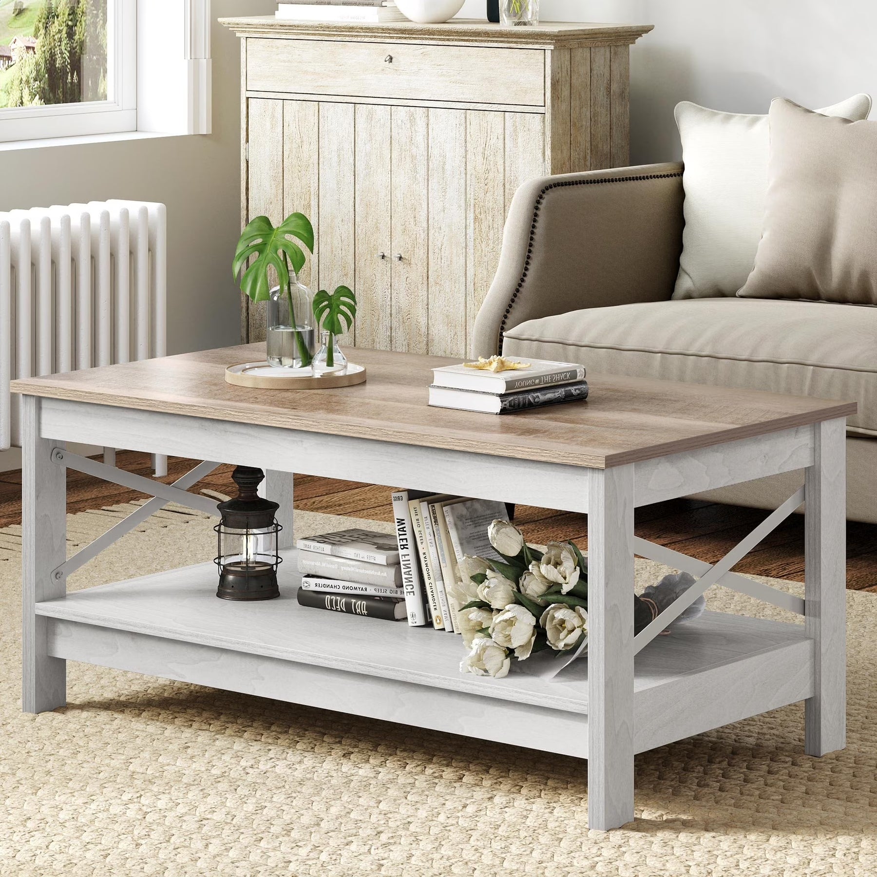 Moasis Farmhouse Coffee Table with Storage 2 - Tier Center Table for Living Room Grey Wash Top+White - Product image 1