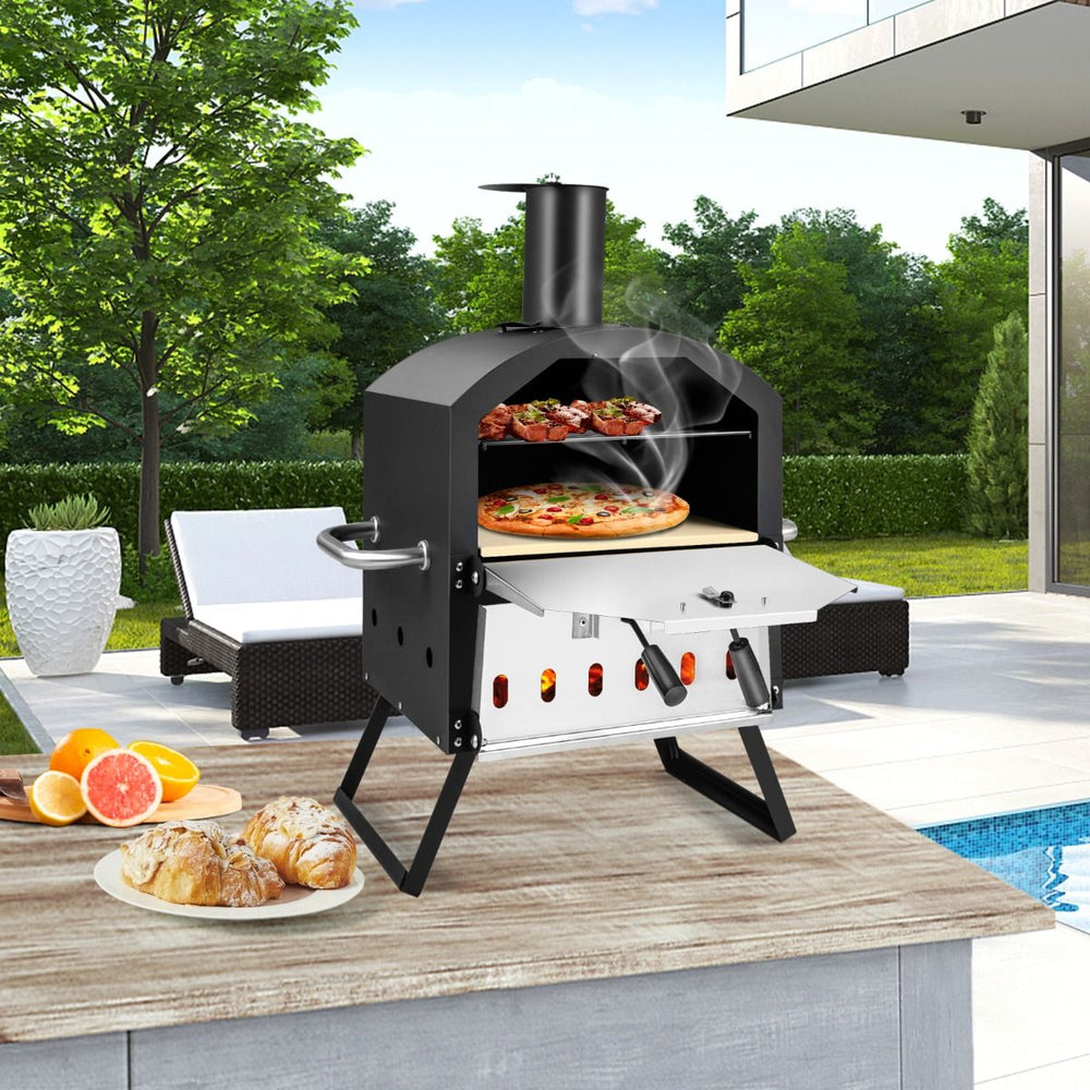 2-Layer Outdoor Pizza Oven Removable Middle Shelf with Pizza Stone Rack Shovel Waterproof Cover Chimney