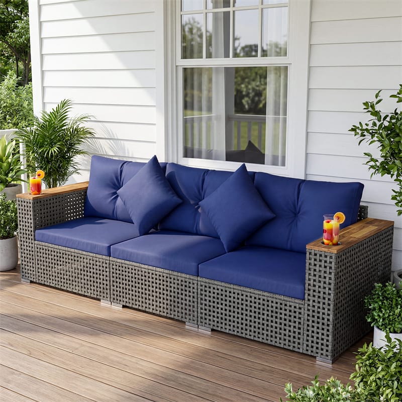 86.5" 3-Seat Patio Wicker Sofa, 3PCS Modular PE Rattan Sectional Furniture Set with Cup Holders & Wood - Product image 22