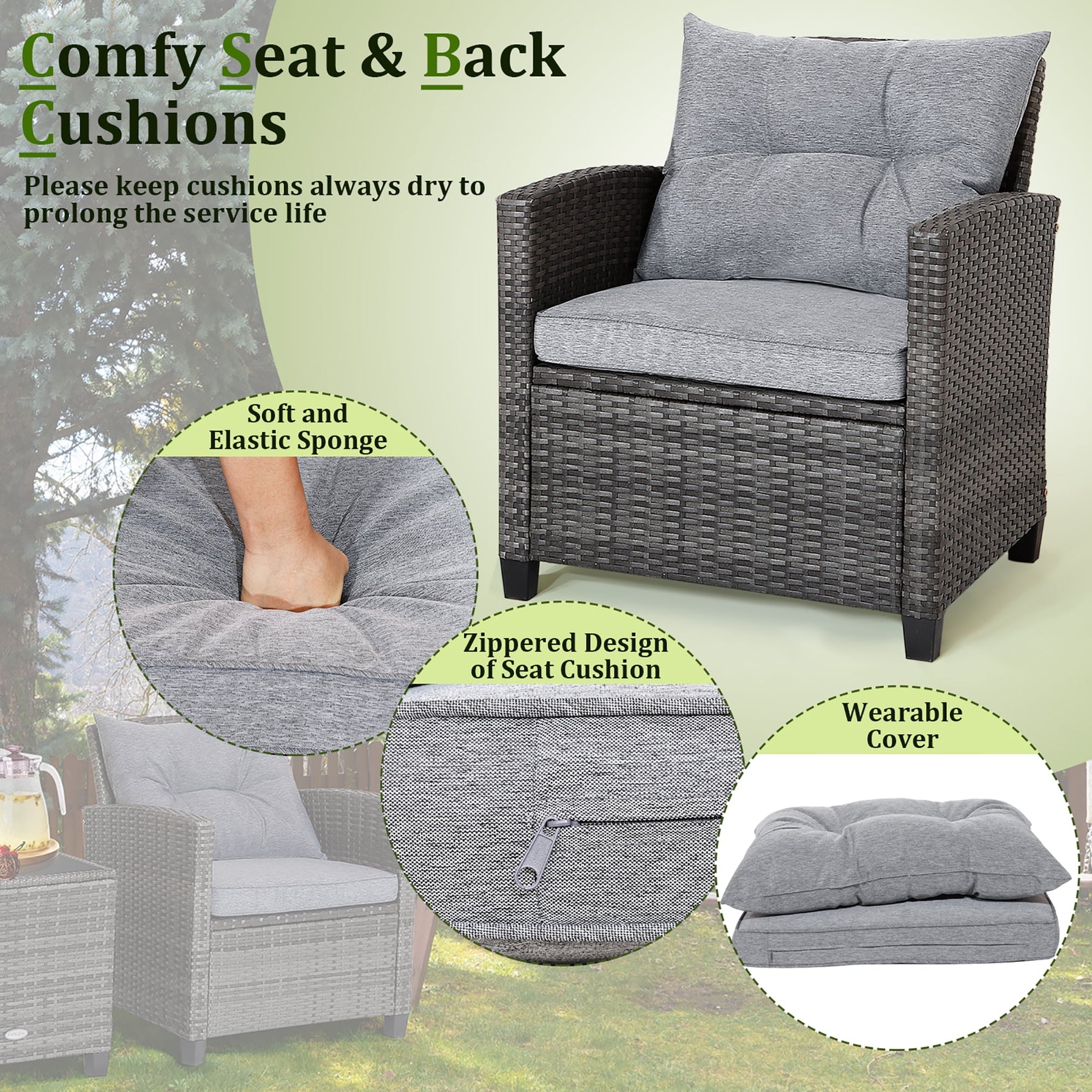 Gymax 3PCS Patio Rattan Sofa Set Outdoor Wicker Conversation Set Glass Tabletop W/ Grey Cushion - Product image 5