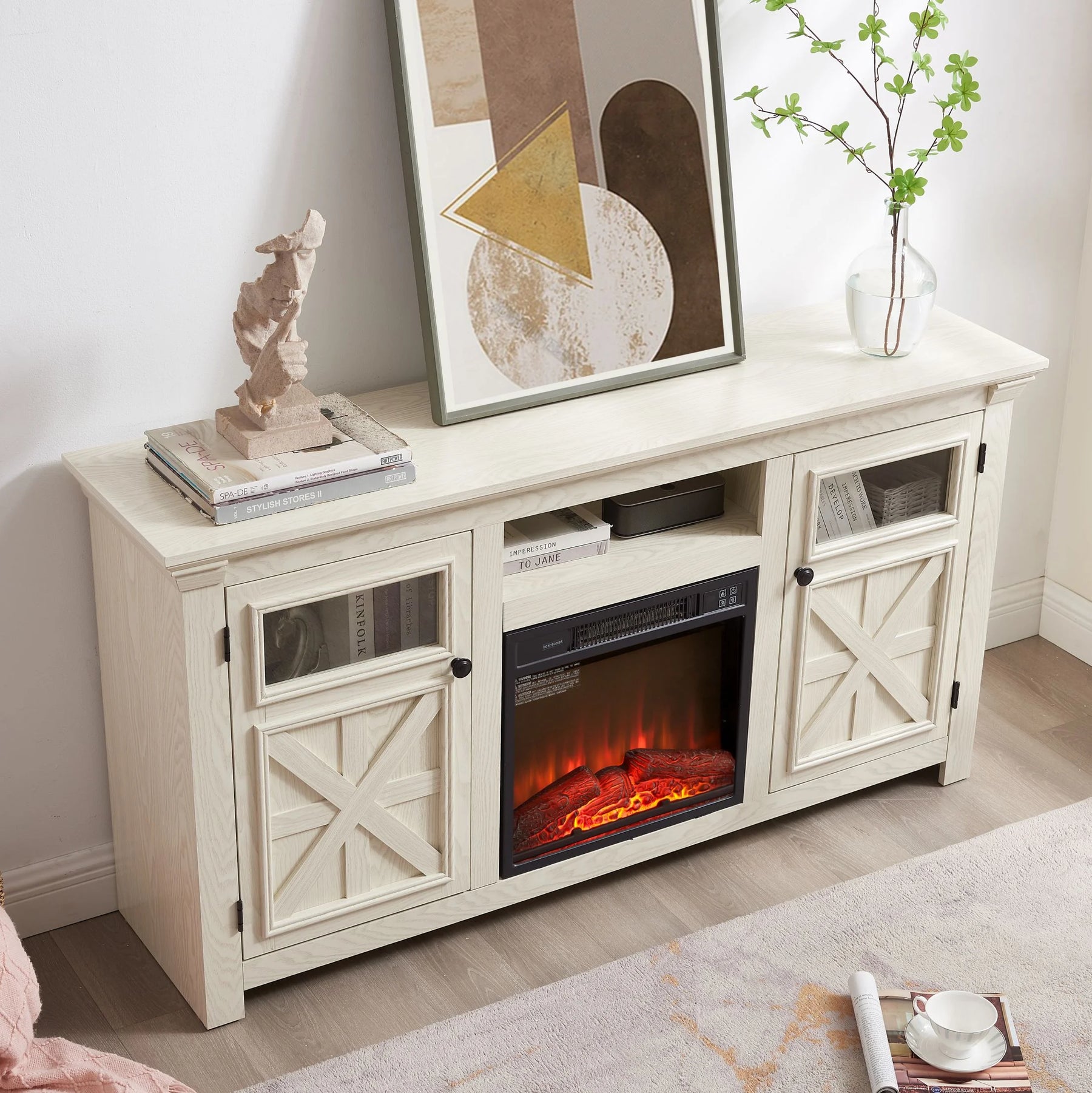 60" Farmhouse Fireplace TV Stand for Tvs up to 70 in, Entertainment Center with 18" Electric Fireplace - Product image 9
