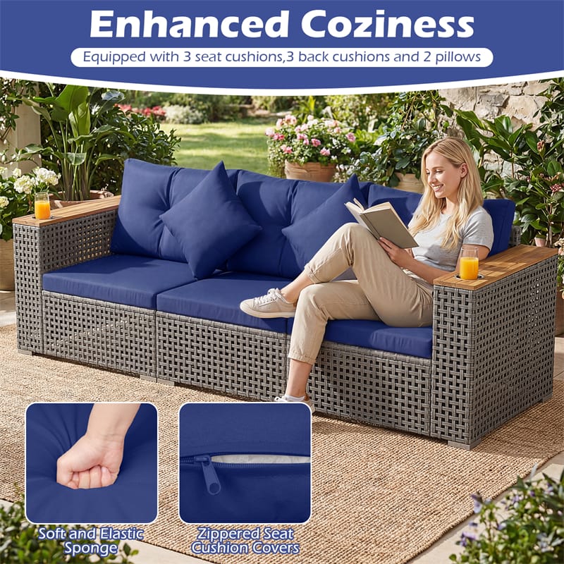 86.5" 3-Seat Patio Wicker Sofa, 3PCS Modular PE Rattan Sectional Furniture Set with Cup Holders & Wood - Product image 27