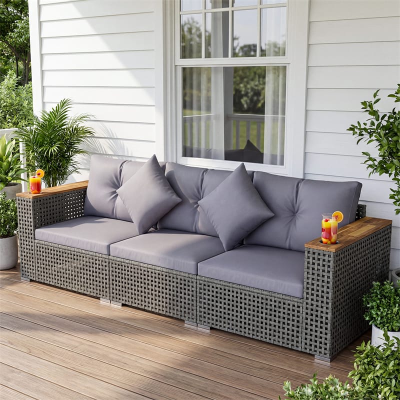 86.5" 3-Seat Patio Wicker Sofa, 3PCS Modular PE Rattan Sectional Furniture Set with Cup Holders & Wood - Product image 2