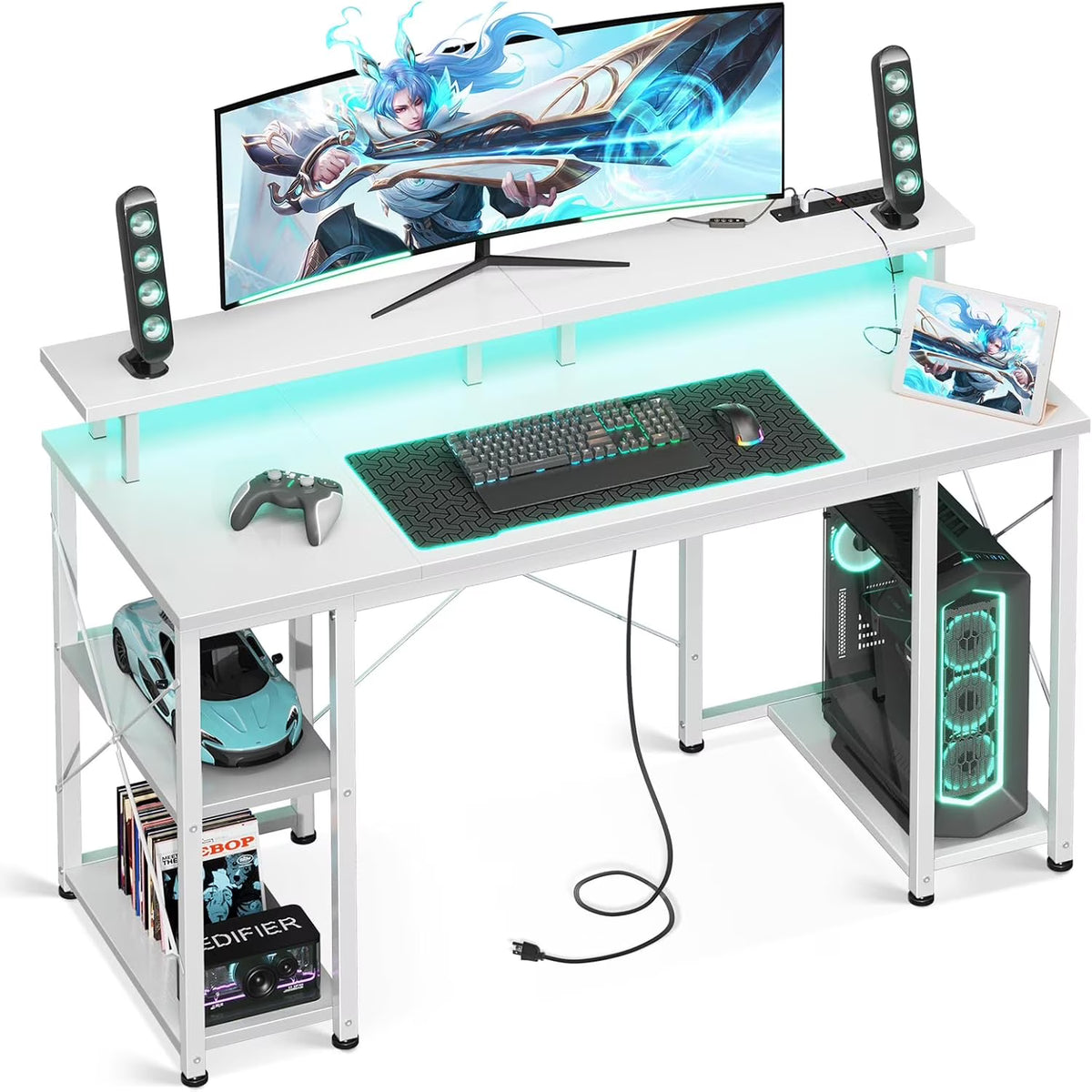ODK 48 in Gaming Desk with LED Lights & Power Outlets, Computer Desk with Monitor Stand & Storage Shelves - Product image 1