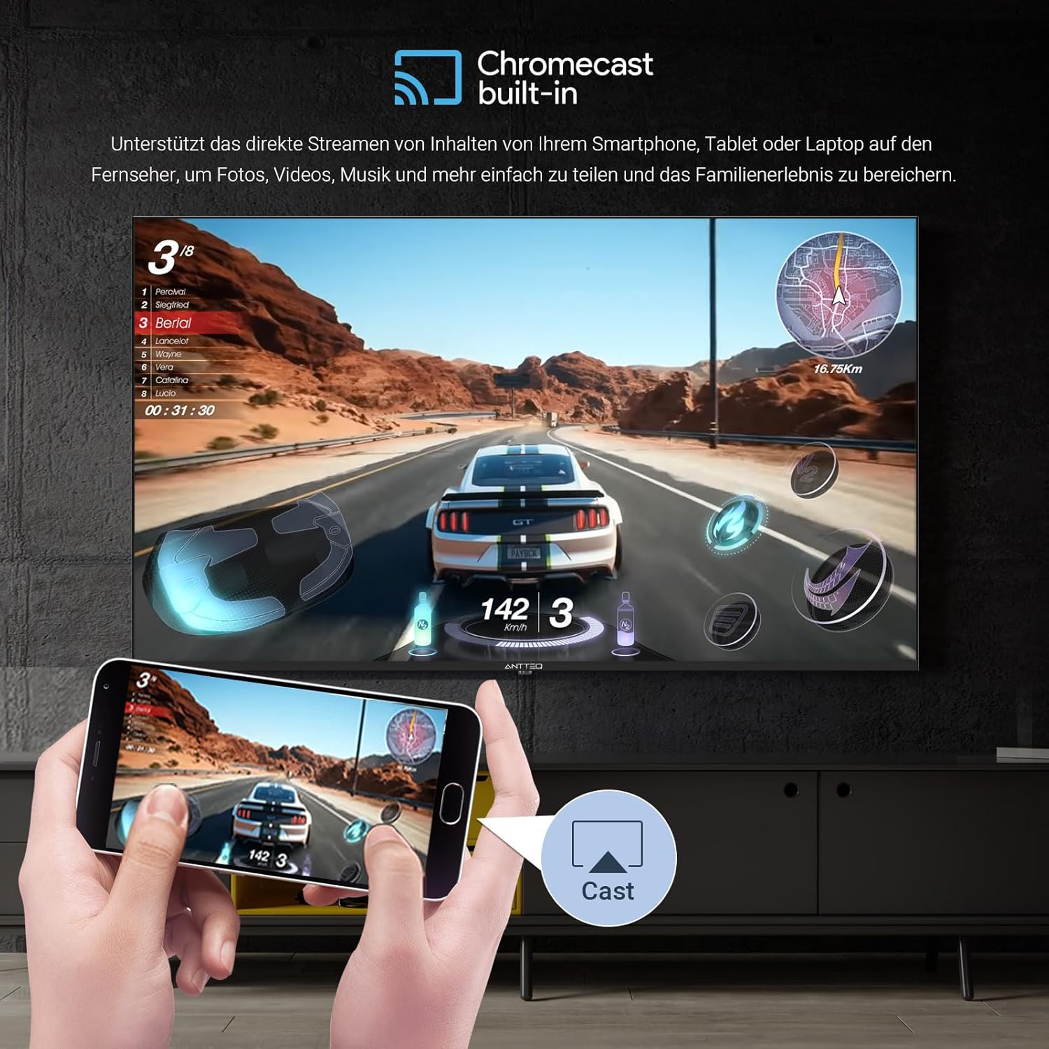 Antteq G24 Smart TV 24 Inches (60 cm) Television 220/12V Bluetooth Compatibility with Google Assistant Triple Tuner (DVB-S2/T2/C) WiFi Bluetooth HDMI USB Screen Mirroring Ideal Camping