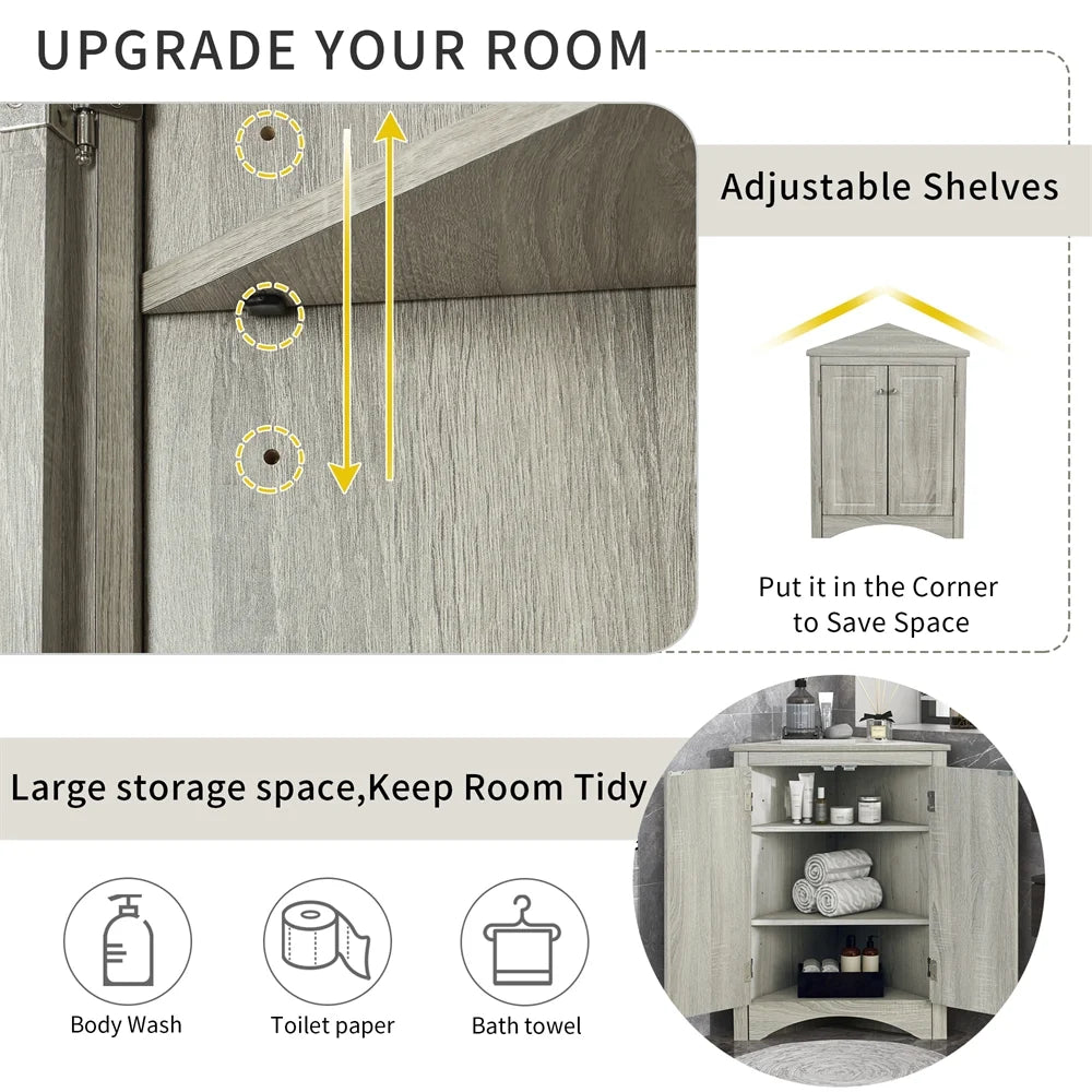 Home Floor Corner Cabinet with Adjustable Shelves and Two Doors, Triangle Bathroom Storage Cabinet - Product image 6