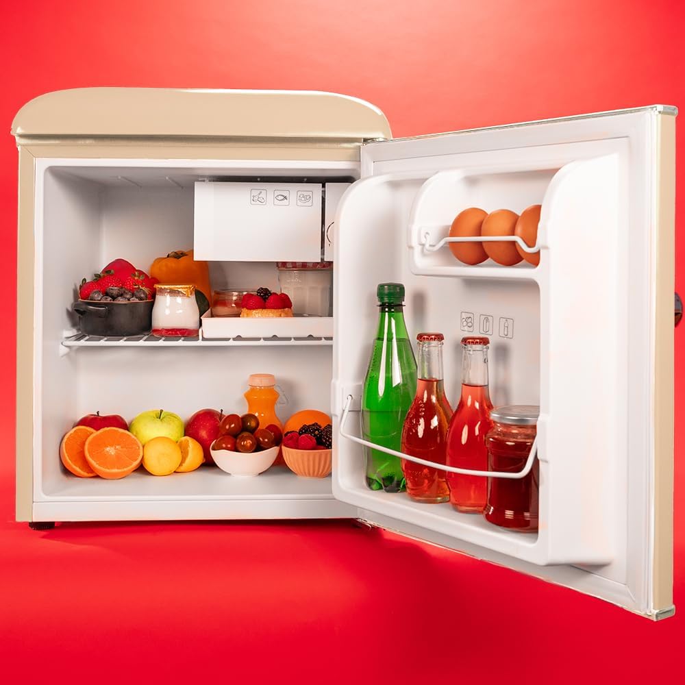 Cecotec Mini Fridge Bolero CoolMarket TT Origin 45 Beige E. Fridge Height 55cm and Width 44.7cm, Energy Class E, Ice Tray and Chrome Handle, Beige