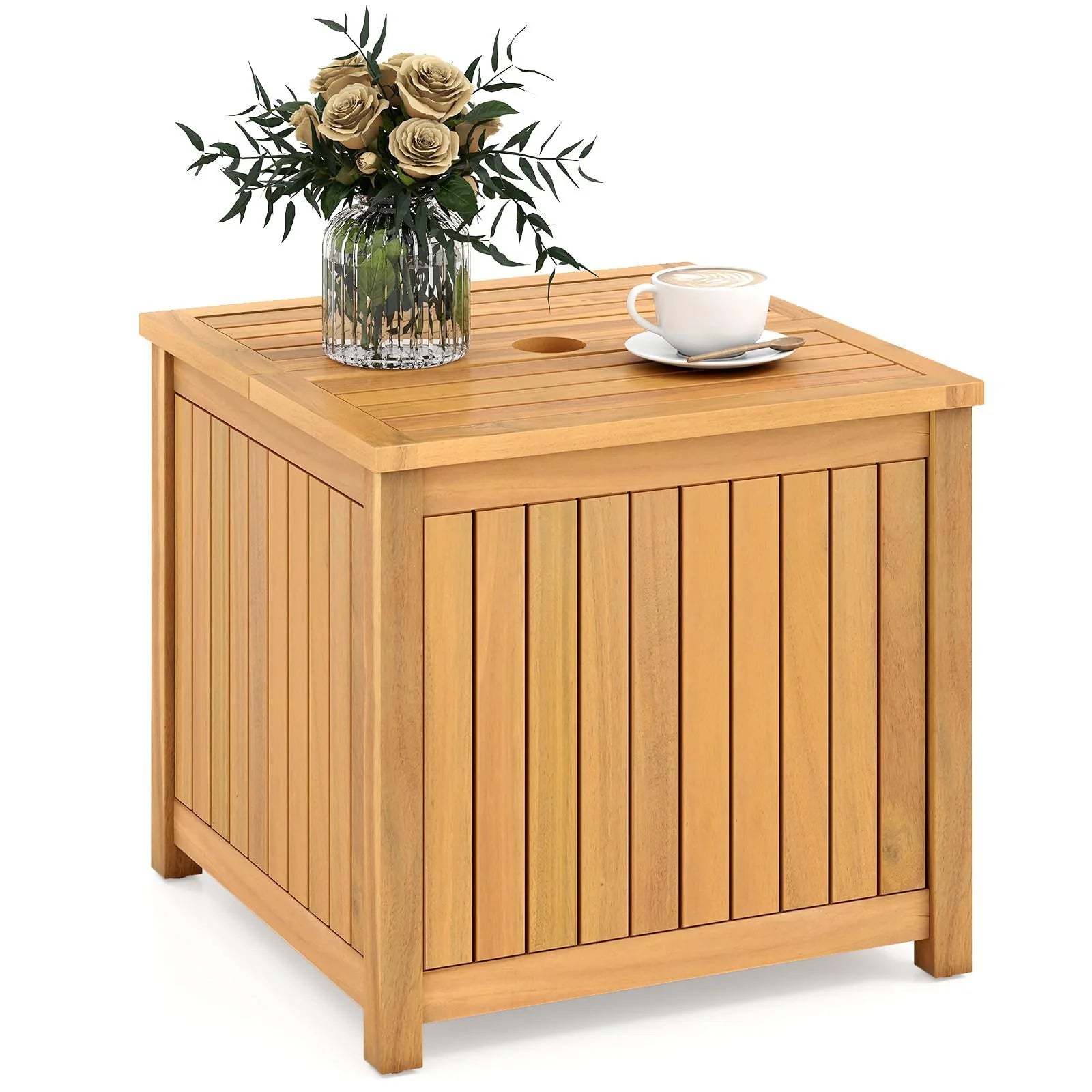 Tangkula 2-in-1 Outdoor Side Table with Storage Acacia Wood Slatted Coffee Table Square Slatted End Storage - Product image 1