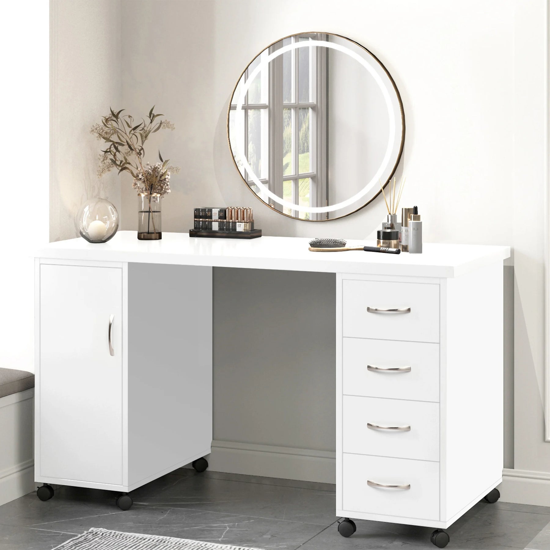 Sesslife White Computer Desk, Writing Desk with Lockable Wheels???modern Wood Study Desk with 4 Drawers for - Product image 4
