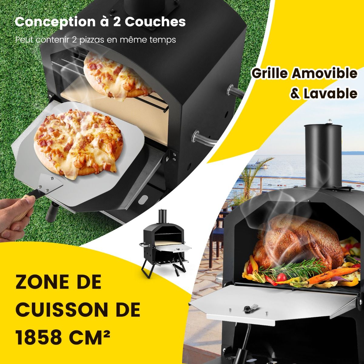 2-Layer Outdoor Pizza Oven Removable Middle Shelf with Pizza Stone Rack Shovel Waterproof Cover Chimney -