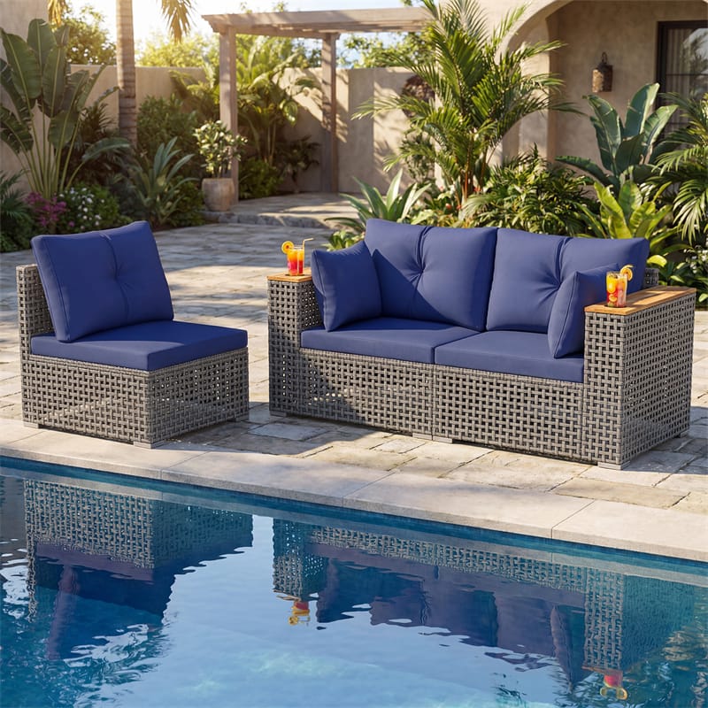 86.5" 3-Seat Patio Wicker Sofa, 3PCS Modular PE Rattan Sectional Furniture Set with Cup Holders & Wood - Product image 24