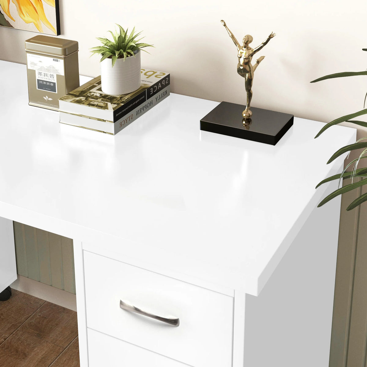 Sesslife White Computer Desk, Writing Desk with Lockable Wheels???modern Wood Study Desk with 4 Drawers for - Product image 6