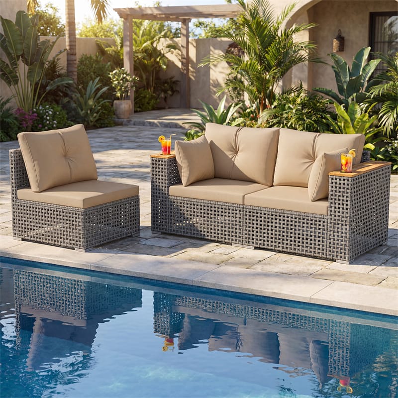 86.5" 3-Seat Patio Wicker Sofa, 3PCS Modular PE Rattan Sectional Furniture Set with Cup Holders & Wood - Product image 14