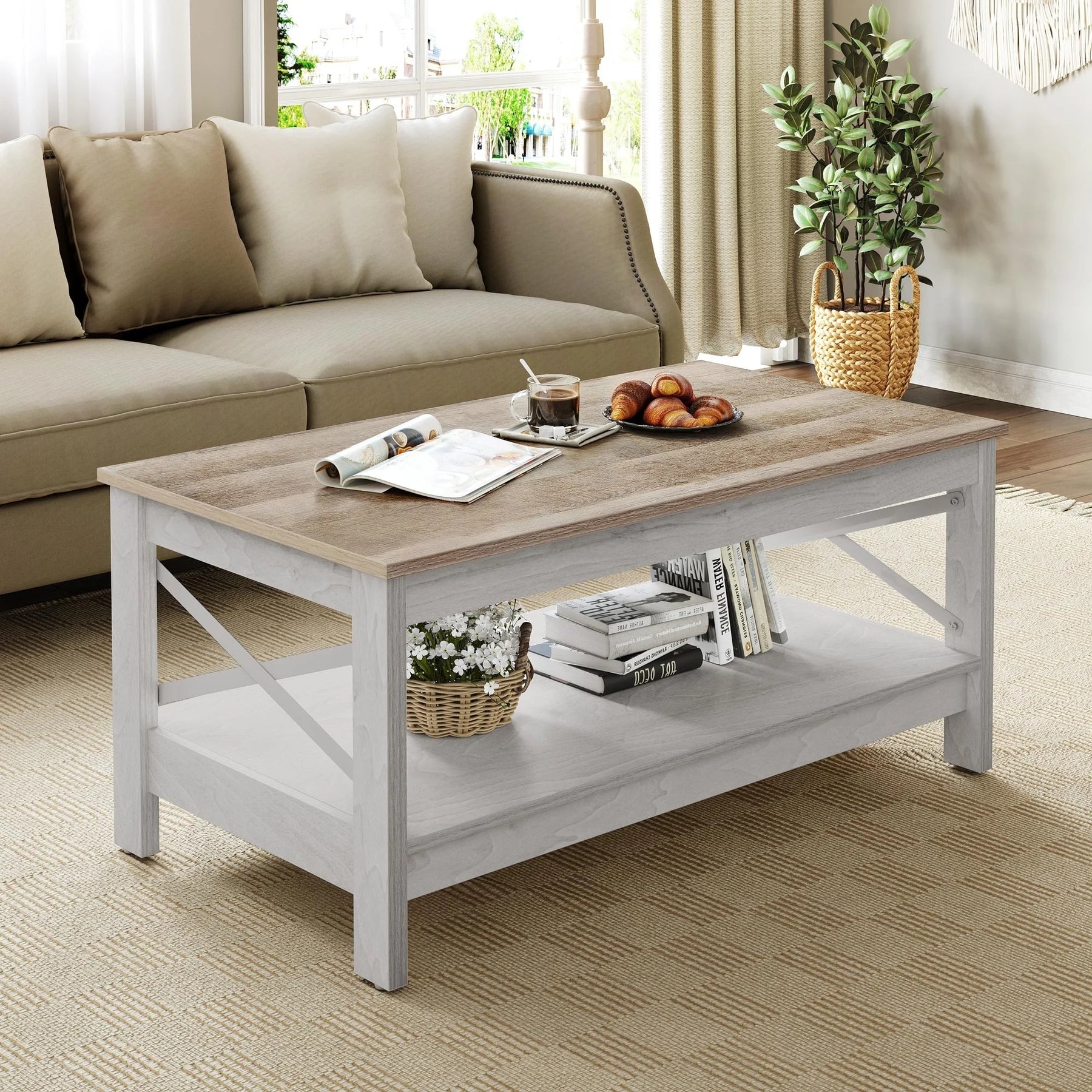 Moasis Farmhouse Coffee Table with Storage 2 - Tier Center Table for Living Room Grey Wash Top+White - Product image 2