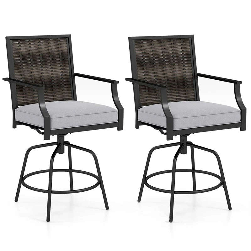 Outdoor PE Wicker Swivel Bar Stools Set of 2, Metal Frame Counter Height Patio Chairs with Back & Cushions - Product image 1