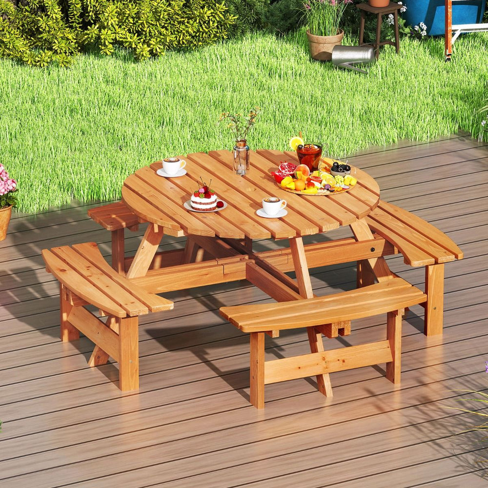 Wooden Picnic Table Set for 2 to 8 People Circular Table and Bench Set with 4 Integrated Benches 5cm Parasol Hole Brown/Yellow