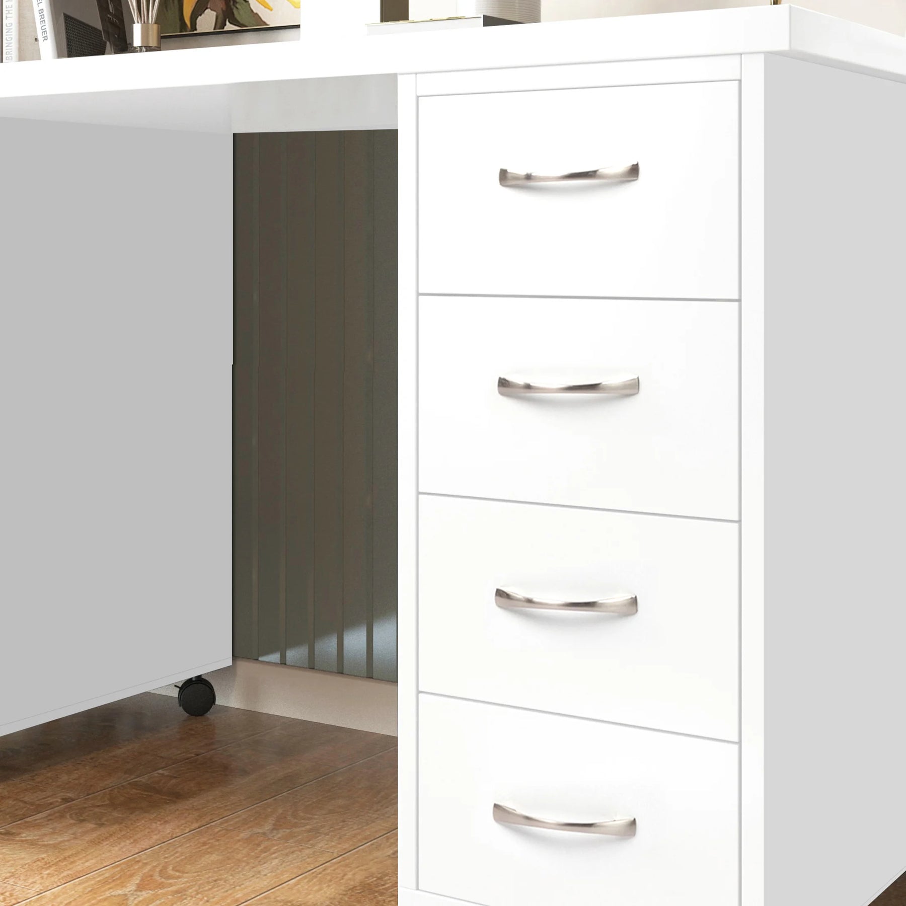 Sesslife White Computer Desk, Writing Desk with Lockable Wheels???modern Wood Study Desk with 4 Drawers for - Product image 7