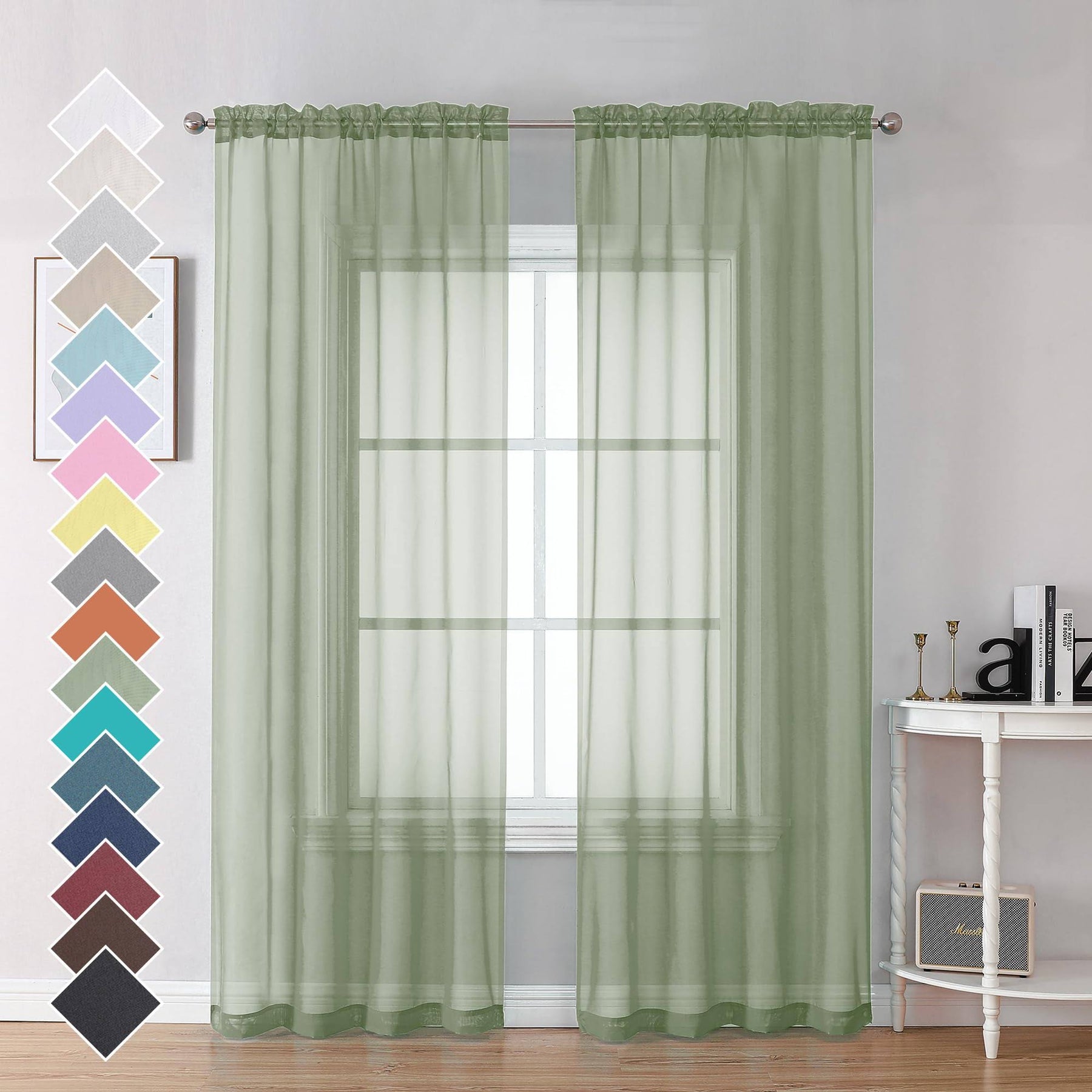 OVZME 2 Panels Sheer Sage Green Curtains 72 Inches Length Window Treatment for Kitchen - Product image 1