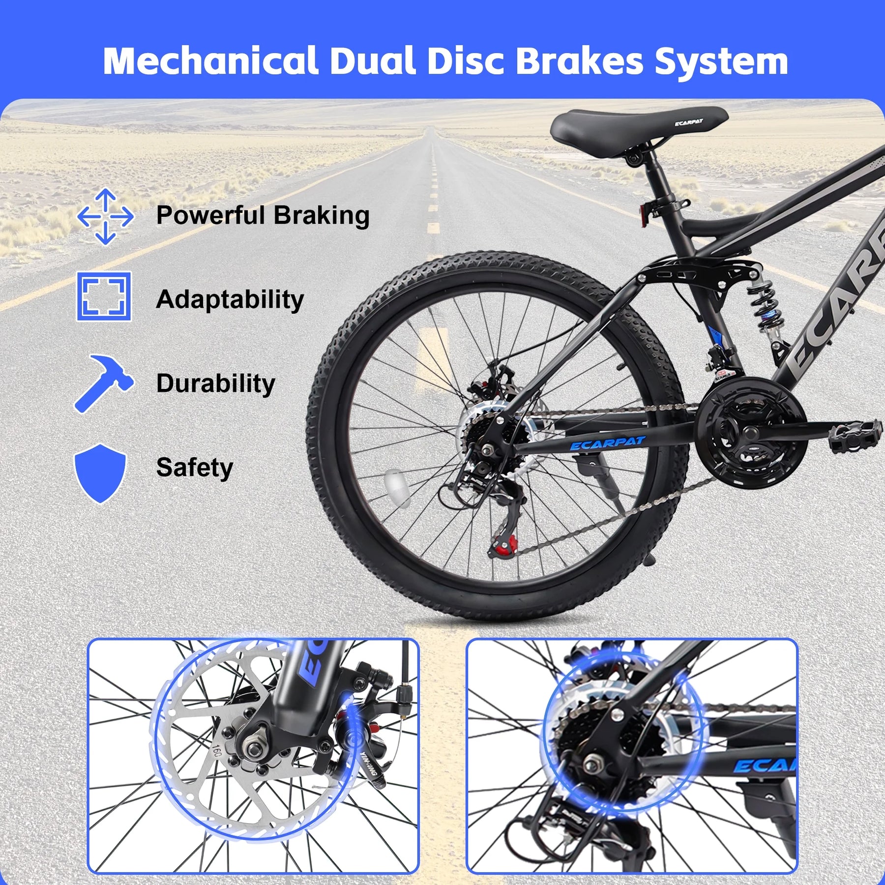Ecarpat 26 in Mountain Bike, 21 - Speed Bike with Dual Suspension, High - Carbon Steel Frame and Disc Brakes, MTB Commuter Bicycles for Men Women, Black - Blue