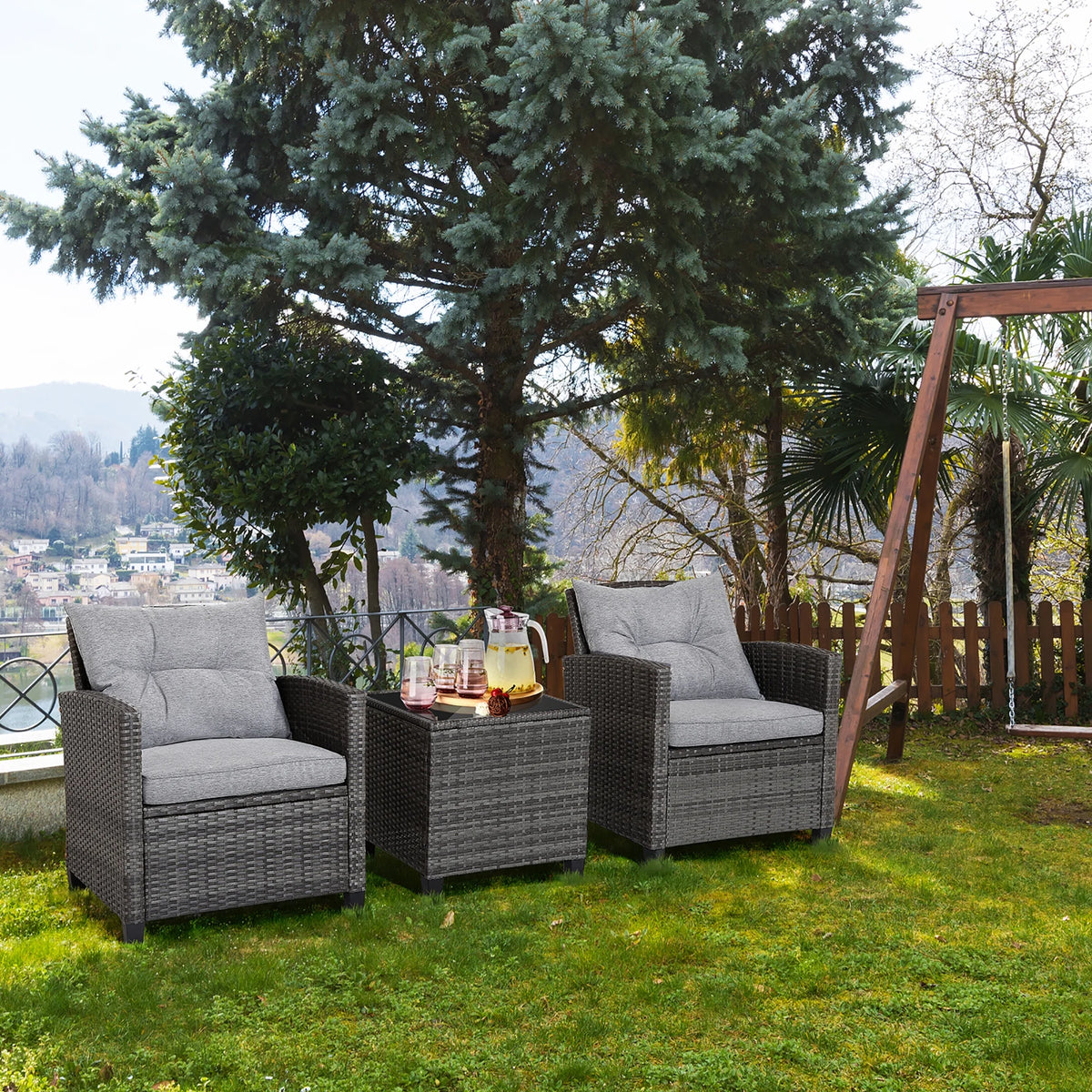 Gymax 3PCS Patio Rattan Sofa Set Outdoor Wicker Conversation Set Glass Tabletop W/ Grey Cushion - Product image 10