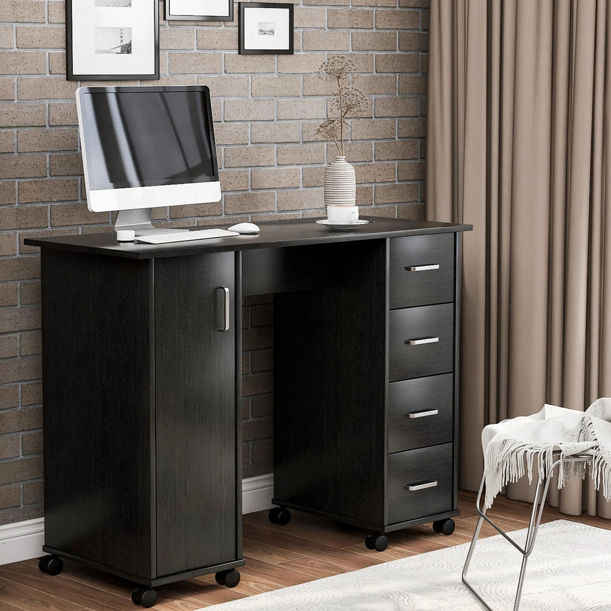 Sesslife White Computer Desk, Writing Desk with Lockable Wheels???modern Wood Study Desk with 4 Drawers - Product image 19