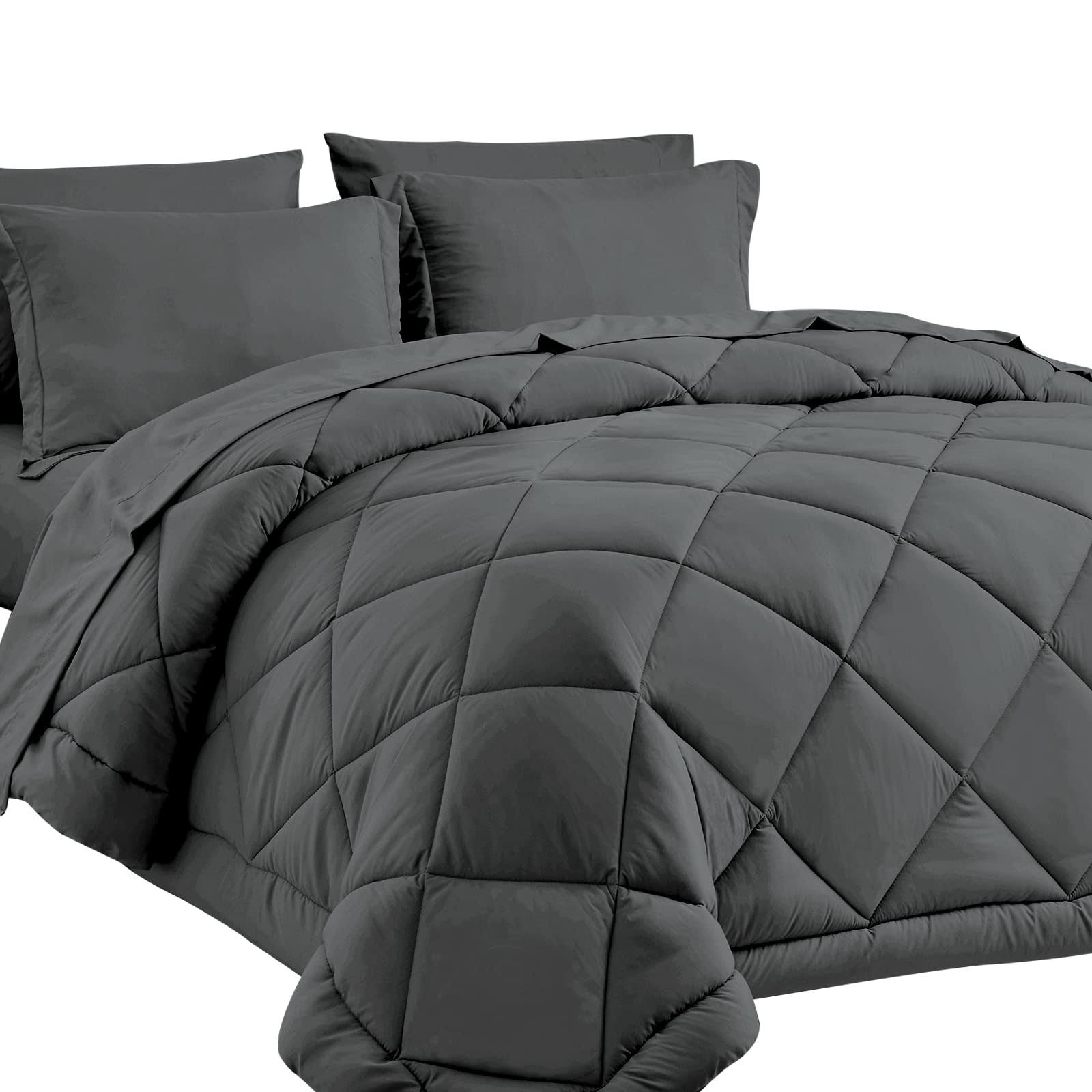CozyLux Queen Bed in A Bag 7-Pieces Comforter Sets with Comforter and Sheets Dark Grey All Season Bedding - Product image 1