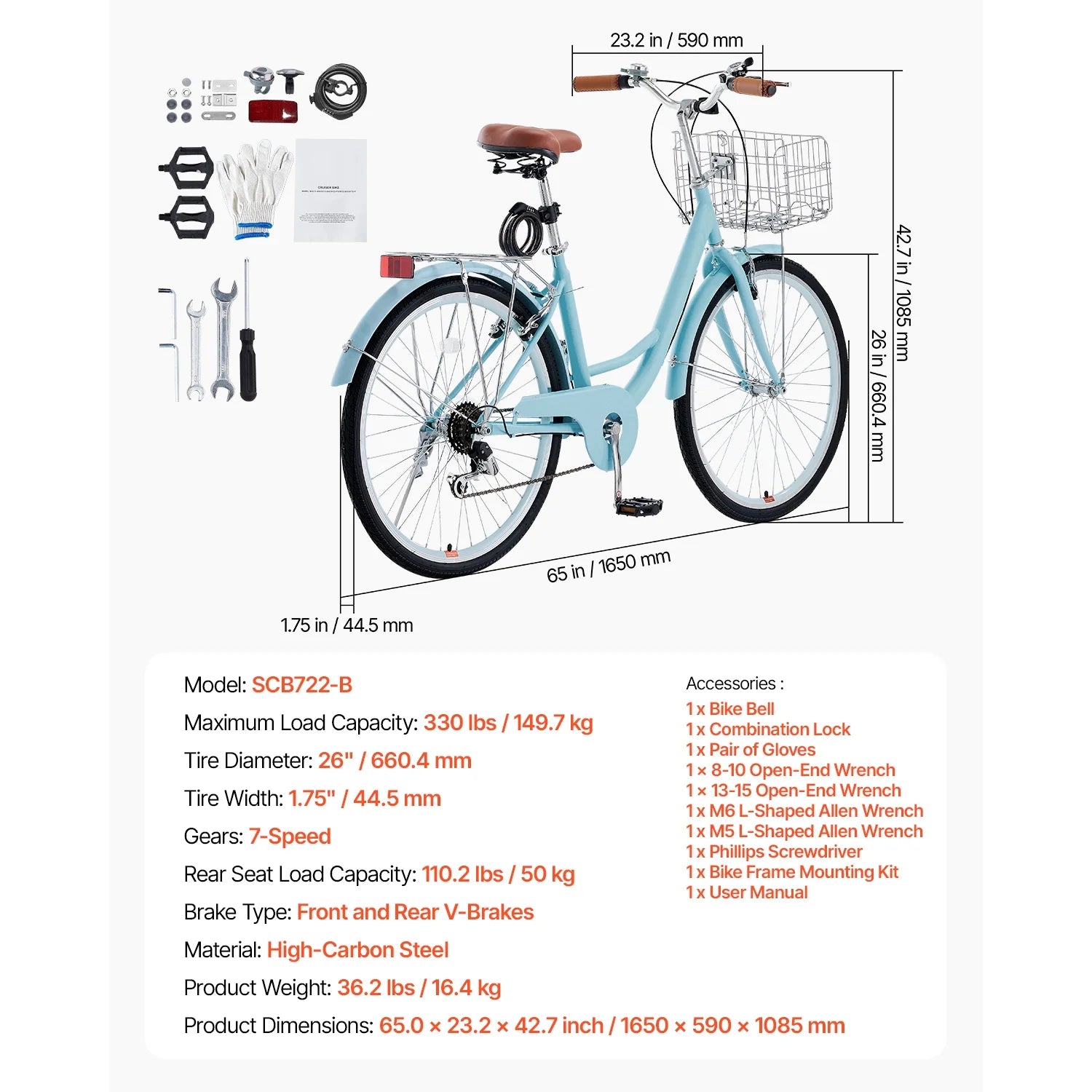 KFFKFF 26" Cruiser Bike, 7 - Speed, Pale Blue Coastal Riding Bike with Spacious Basket and Back Stand - Product image 7