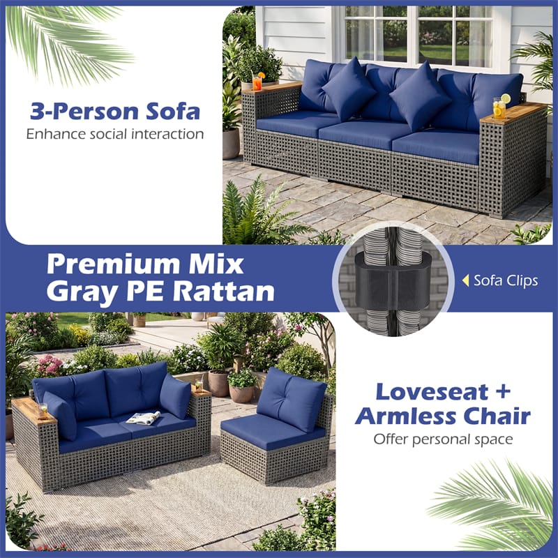 86.5" 3-Seat Patio Wicker Sofa, 3PCS Modular PE Rattan Sectional Furniture Set with Cup Holders & Wood - Product image 28
