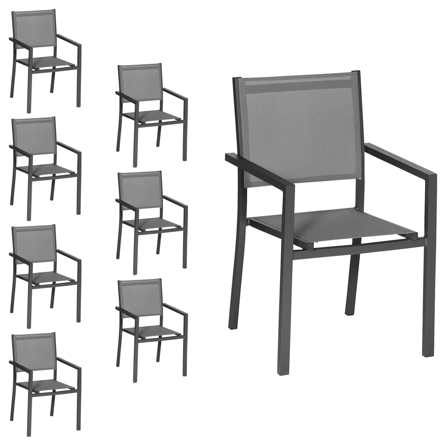 Set of 8 chairs in anthracite aluminum - gray textilene -