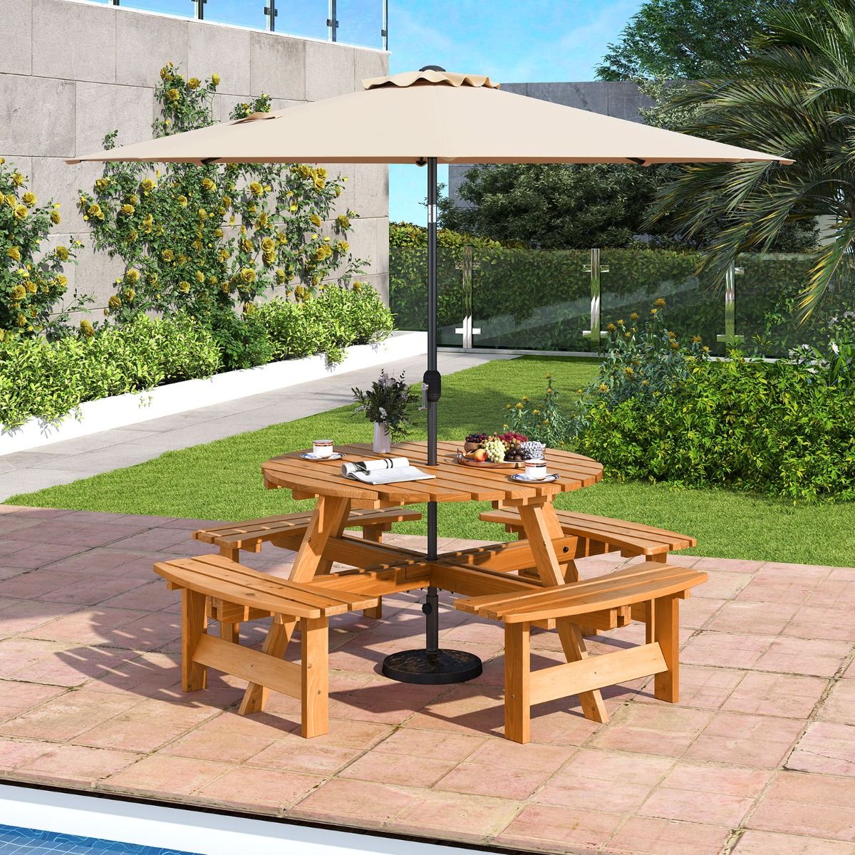 Wooden Picnic Table Set for 2 to 8 People Circular Table and Bench Set with 4 Integrated Benches 5cm Parasol Hole Brown/Yellow -
