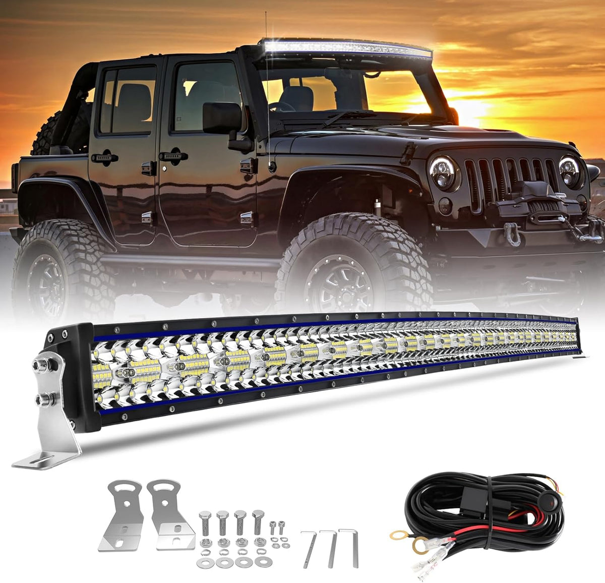 BraveWAY 52 Inch Slim Curved LED Ramp Bar 480W 32500LM, Triple Row LED Bar 4x4 Flood Light with Harness Kit for 4x4 Tractor Car Truck SUV ATV, 12V 24V