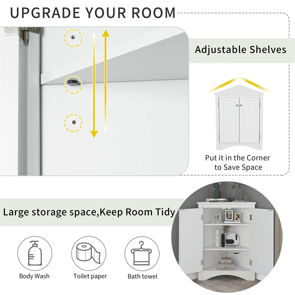Home Floor Corner Cabinet with Adjustable Shelves and Two Doors, Triangle Bathroom Storage Cabinet - Product image 12
