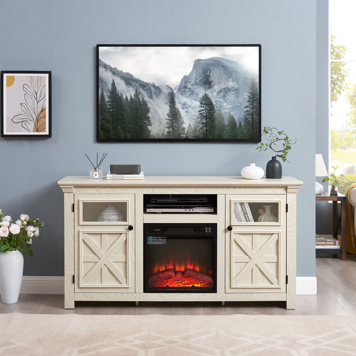60" Farmhouse Fireplace TV Stand for Tvs up to 70 in, Entertainment Center with 18" Electric Fireplace - Product image 1