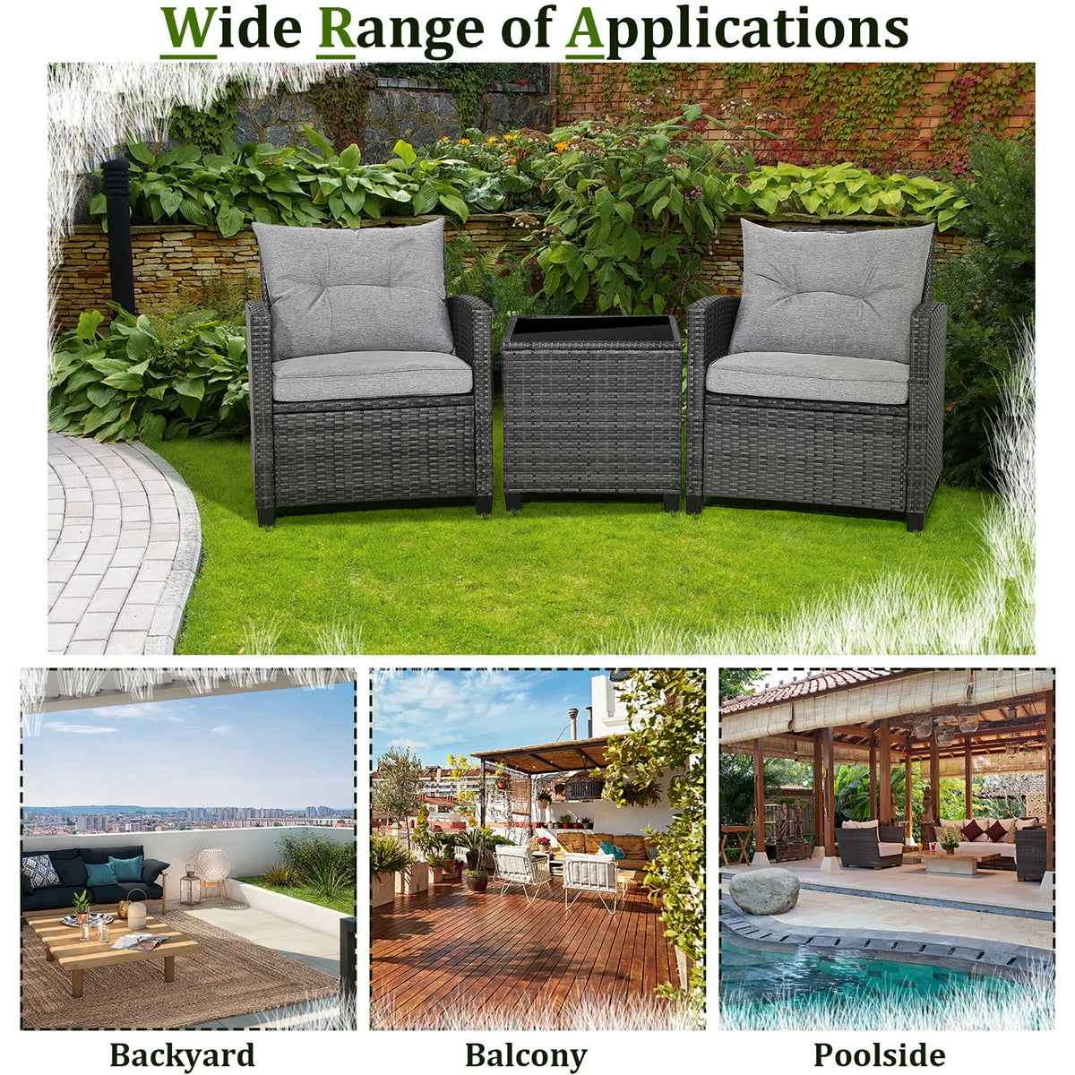 Gymax 3PCS Patio Rattan Sofa Set Outdoor Wicker Conversation Set Glass Tabletop W/ Grey Cushion - Product image 8