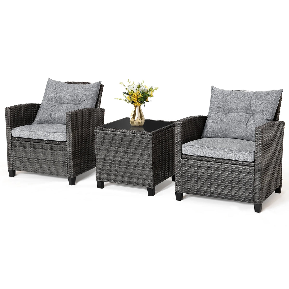 Gymax 3PCS Patio Rattan Sofa Set Outdoor Wicker Conversation Set Glass Tabletop W/ Grey Cushion - Product image 2