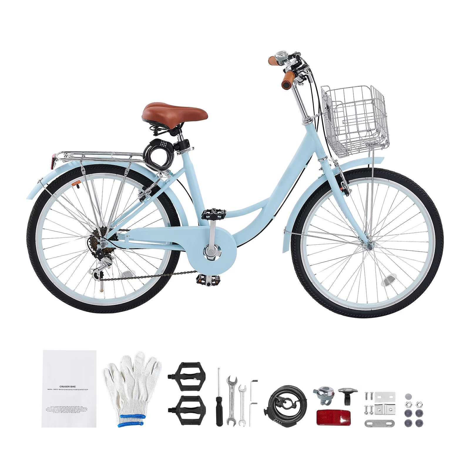 KFFKFF 26" Cruiser Bike, 7 - Speed, Pale Blue Coastal Riding Bike with Spacious Basket and Back Stand - Product image 1