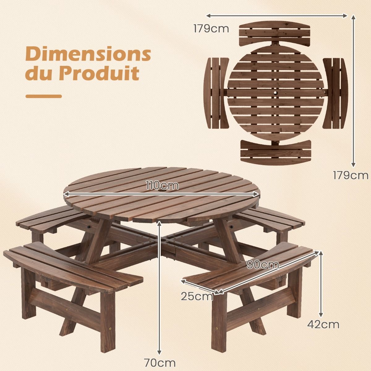 Wooden Picnic Table Set for 2 to 8 People Circular Table and Bench Set with 4 Integrated Benches 5cm Parasol Hole Brown/Yellow -