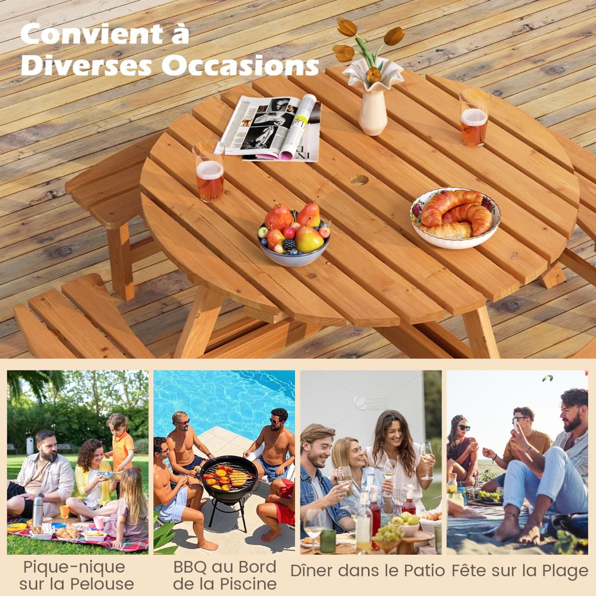 Wooden Picnic Table Set for 2 to 8 People Circular Table and Bench Set with 4 Integrated Benches 5cm Parasol Hole Brown/Yellow -