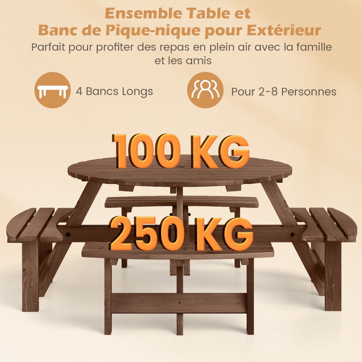 Wooden Picnic Table Set for 2 to 8 People Circular Table and Bench Set with 4 Integrated Benches 5cm Parasol Hole Brown/Yellow -