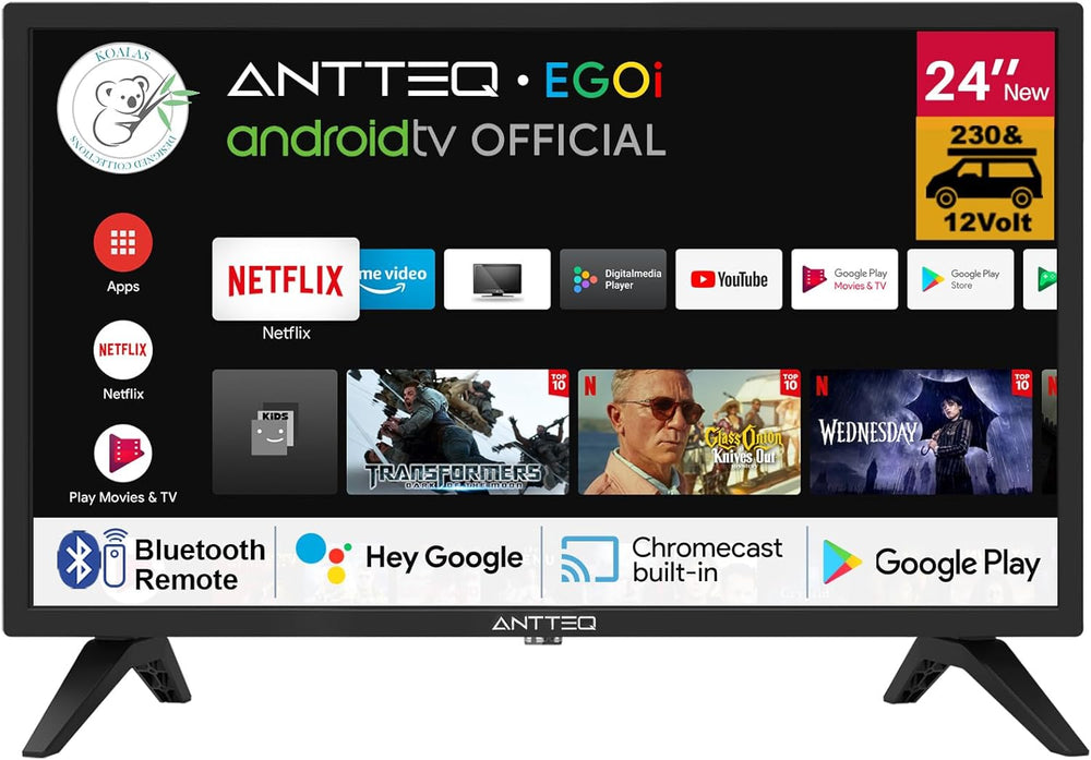 Antteq G24 Smart TV 24 Inches (60 cm) Television 220/12V Bluetooth Compatibility with Google Assistant Triple Tuner (DVB-S2/T2/C) WiFi