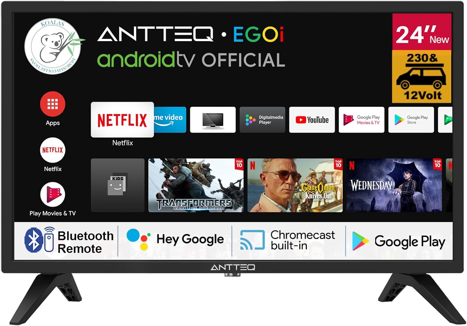Antteq G24 Smart TV 24 Inches (60 cm) Television 220/12V Bluetooth Compatibility with Google Assistant Triple Tuner (DVB-S2/T2/C) WiFi Bluetooth HDMI USB Screen Mirroring Ideal Camping