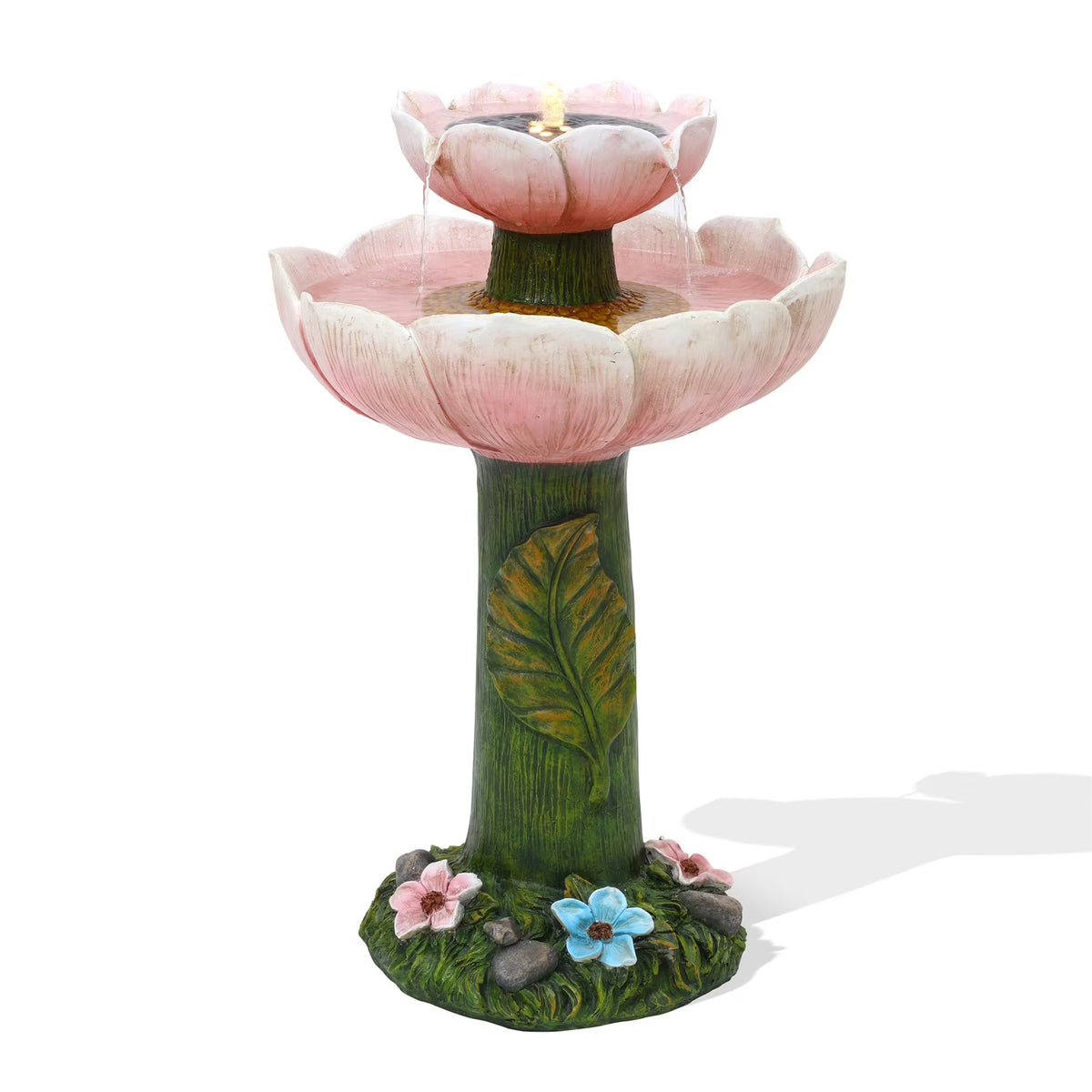 Luxenhome Solar Powered Pink Flower 2 - Tier Resin Birdbath Fountain with Lights - Product image 1