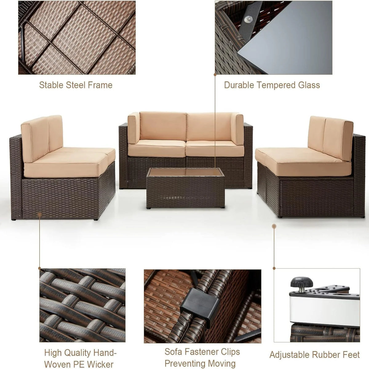 AECOJOY 7 Piece Outdoor Patio Furniture Set with Waterproof Cover, Brown & Beige