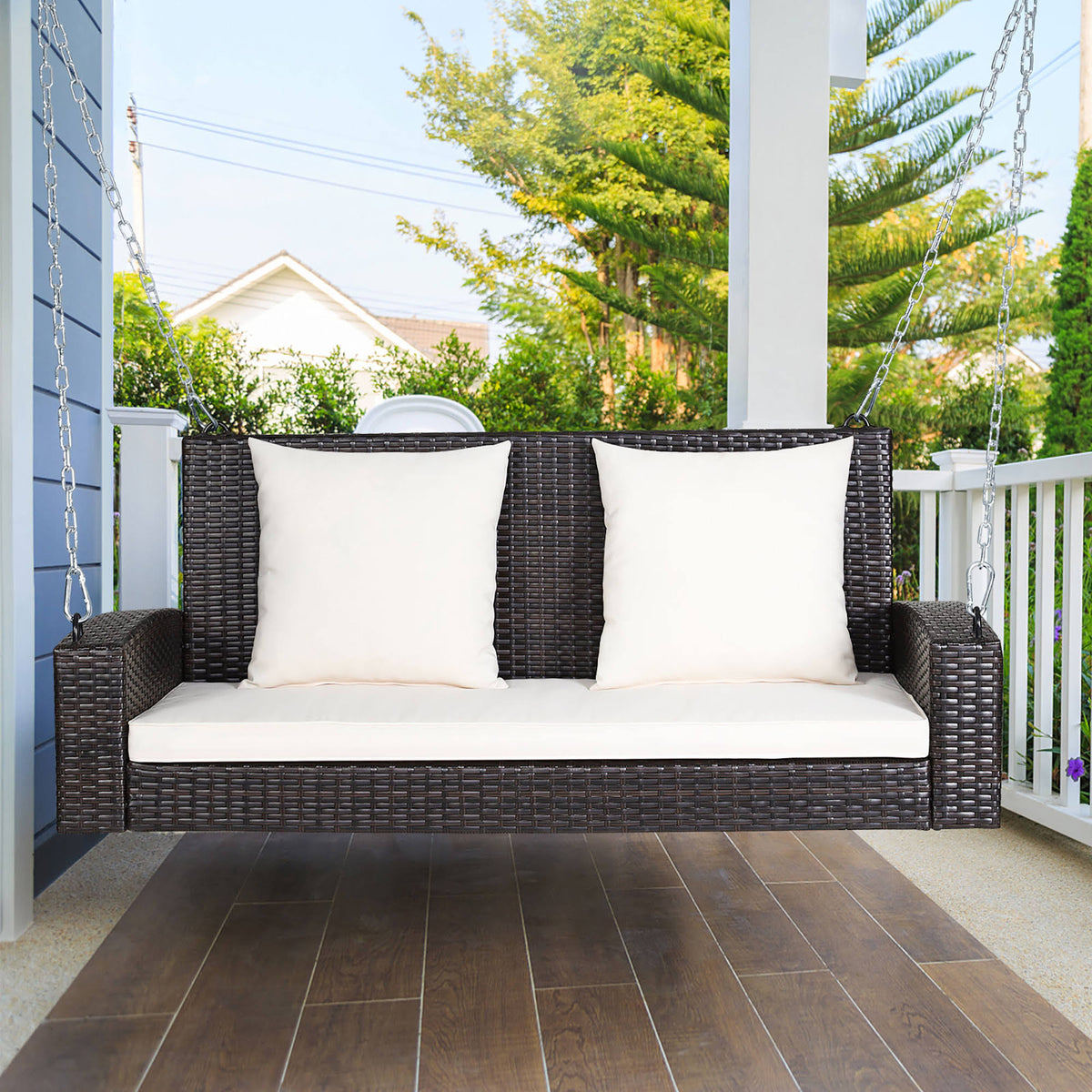 Costway 2-Person Patio Rattan Hanging Porch Swing Bench Chair Beige Cushion - Product image 1