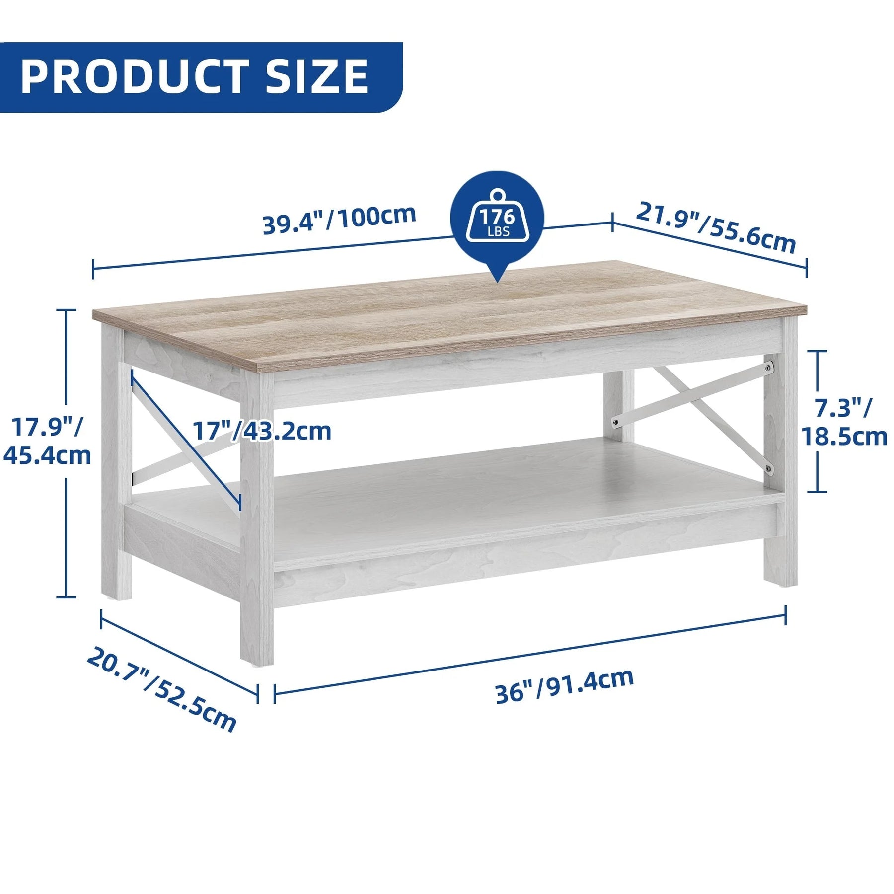 Moasis Farmhouse Coffee Table with Storage 2 - Tier Center Table for Living Room Grey Wash Top+White - Product image 6